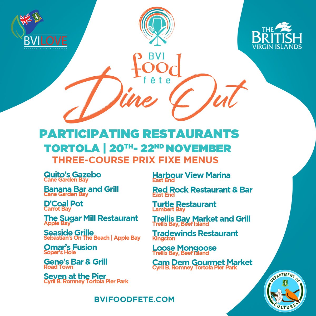 See which of your favorite restaurants is participating in this weekends BVI Food Fete: Dine Out Tortola! Each restaurant will be preparing a 3 course menu just for you. Don't miss this.🍴🍹

Stay connected for menu updates.

#BVIdineout #DineOutBVI #bvifoodfete #OURBVI #BVILove