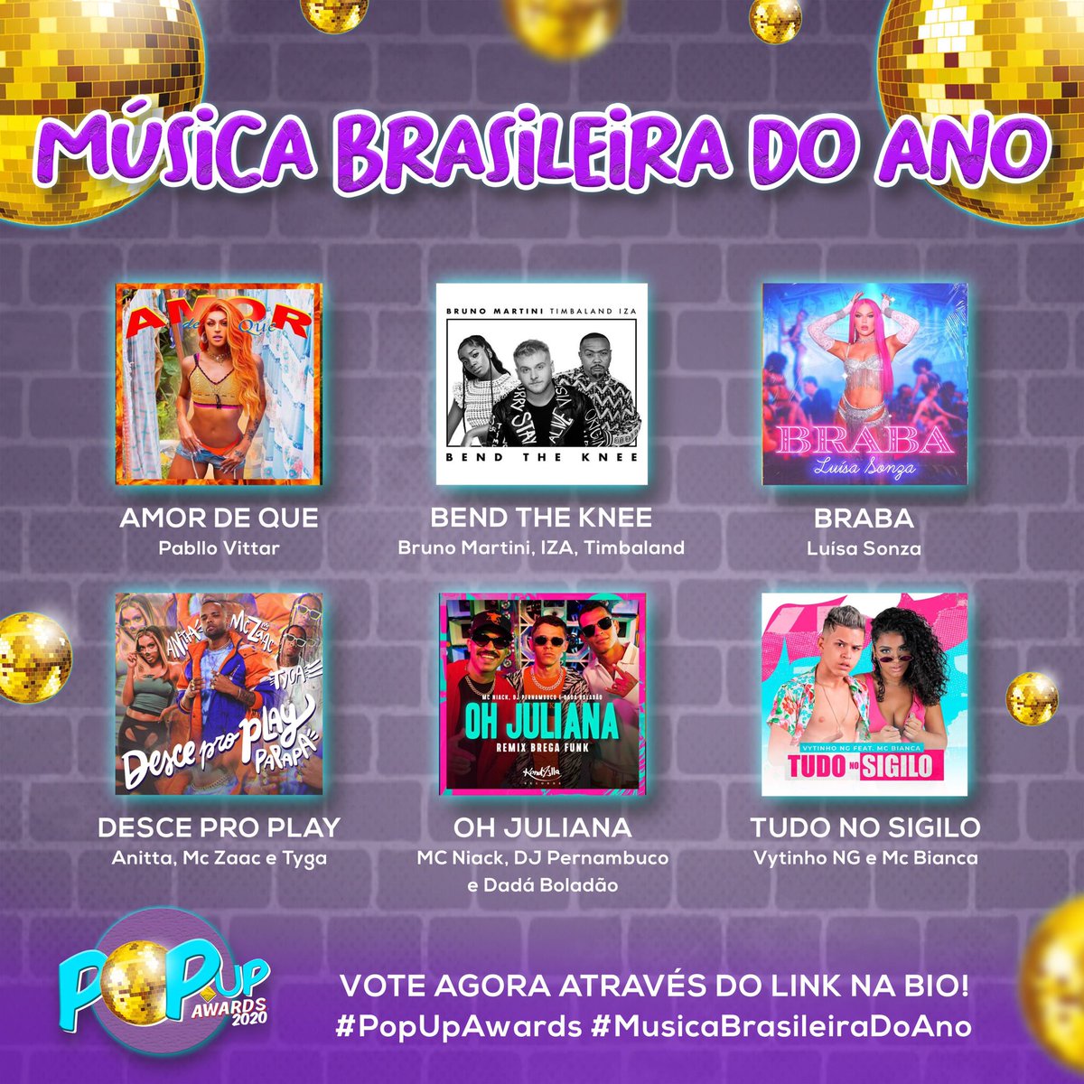 popupawards's tweet photo. Esses são os indicados à categoria MÚSICA BRASILEIRA DO ANO! Acesse o link na bio e vote QUANTAS VEZES VOCÊ PUDER! Foi dada a largada!🔥#PopUpAwards #PablloVittar #IZA #Timbaland #BrunoMartini #LuisaSonza #Anitta #McZaac #Tyga #McNiack #VitinhoNg #McBianca https://t.co/iQk5xGapnm