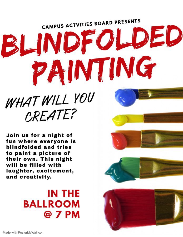 Don’t forget we have blindfolded painting tonight in the ballroom starting at 7! You won’t want to miss this! <a href="/ECUTigerUpdates/">East Central University</a> <a href="/ECUHousing/">ECU Housing/Res Life</a> <a href="/ECUtigerGreeks/">Greek Life</a>