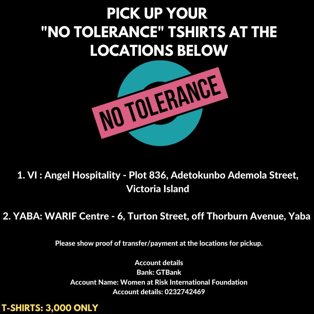 WARIF_NG's tweet photo. Purchase a No Tolerance Tshirt for #3,000 naira only.
-Wear it on the 5th of December
-Hit the streets... alone, with friends or family 
- Post your videos and pictures on social media 
-Include the hashtag #WARIFNoTolerance and tag us. https://t.co/xsf68fyIyB