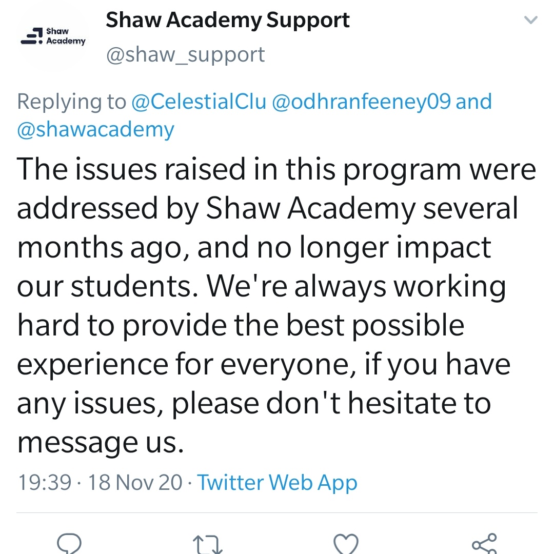 odhranfeeney09's tweet photo. Nothing but lies and deceit.
Why haven't I got a refund?
Why can't I speak to anyone about it?
Why does their billing department NOT HAVE PHONES?
Was, Is and will continue to be a SCAM @shawacademy #shawacademy #bbcwatch #watchdog #bbcwatchdog
#theoneshow https://t.co/wNfPSwqzH9