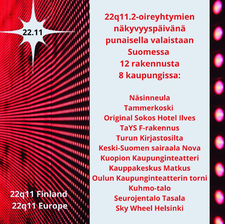 22q11F's tweet photo. 22.11. valaistaan Suomessa punaisin valoin 12 rakennusta 8 kaupungissa.
12 buildings will be illuminated in red for #22q11. Are you #22qaware ? Mukana myös vahvasti Espanja, Italia, Irlanti, Belgia, Puola, Saksa ja USAn Philadelphia.
#lightingthe22q #22qawareness #22qawarenessday https://t.co/Jp4L34YlLp