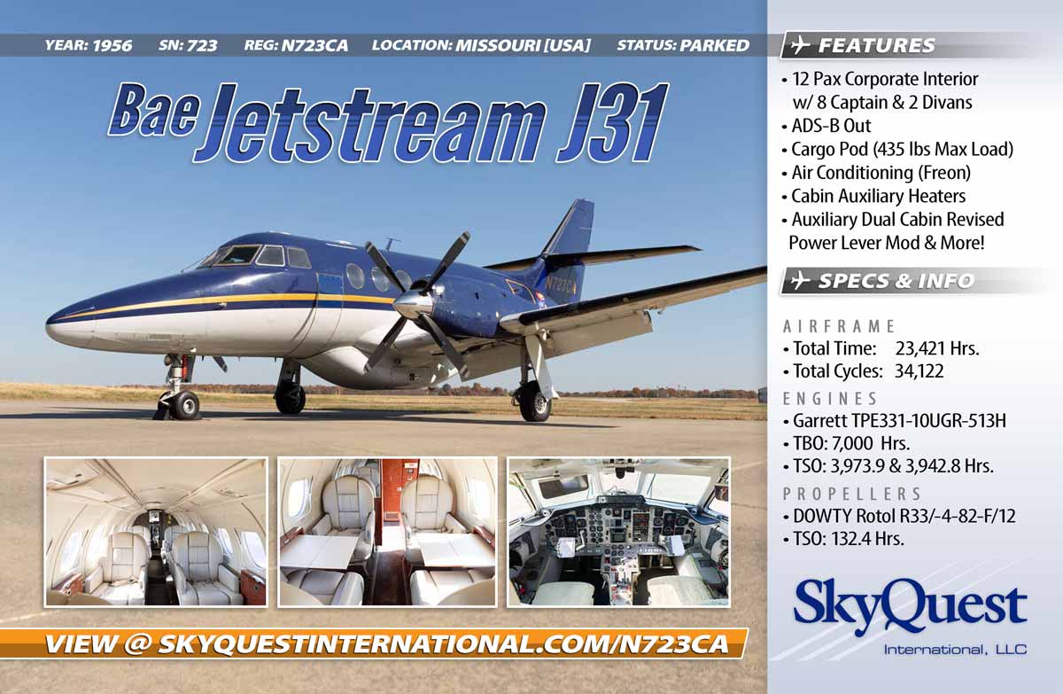skyquestint's tweet photo. SkyQuest ✈ New Listing... BAe Jetstream 31, 12 Pax VIP Interior with Cargo Pod &amp; ADS-B Out ... https://t.co/XJ8QWk25Rf #aircraftforsale #jetstream #aircraftsales #baesystems #flyhigh #flyprivate https://t.co/lgcHsa1PSu