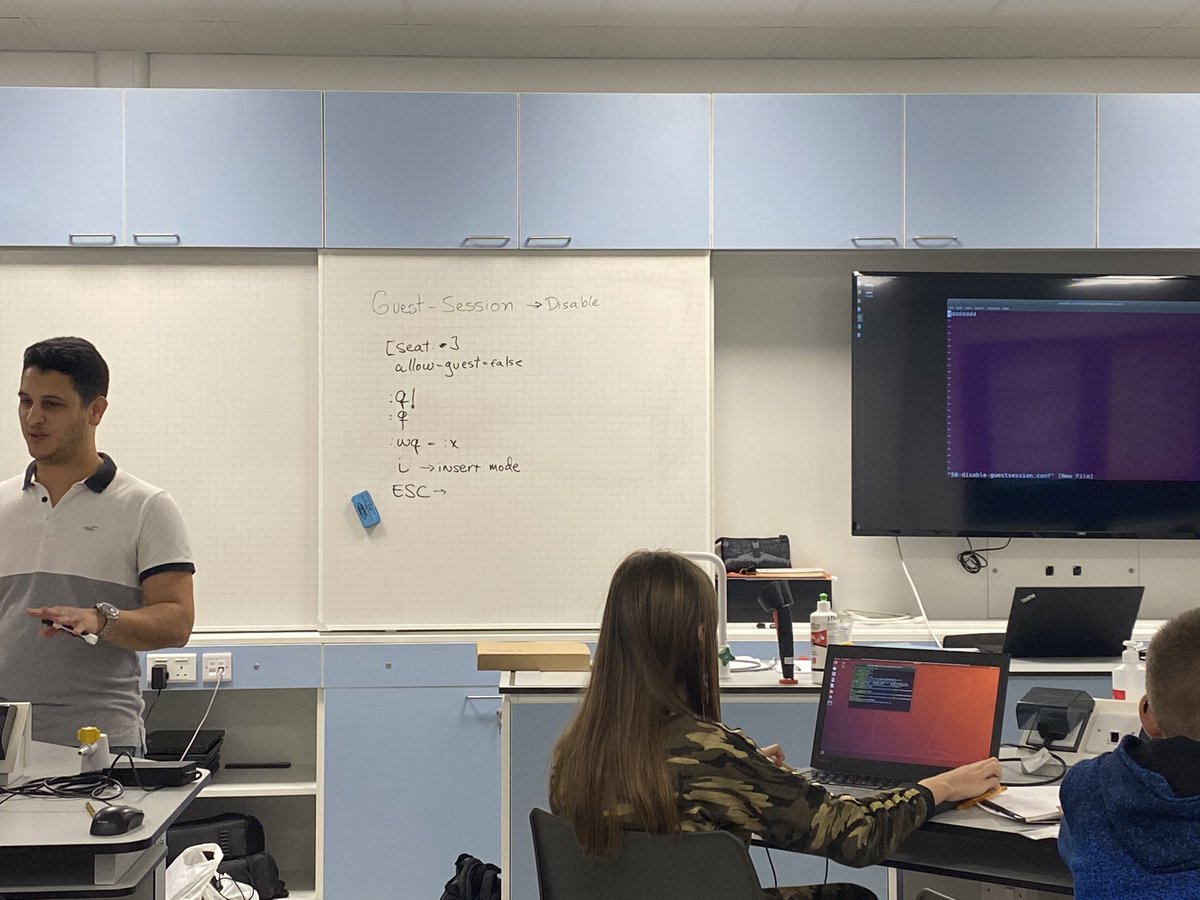 lluismh's tweet photo. @Stick_Man013 teaching the @baysidephysics #cybercenturion teams how to use ‘vi’. Thrown them at the deep end of the pool, either they swim out or have nightmares with the insert mode tonight ... :wq https://t.co/R285t430vK