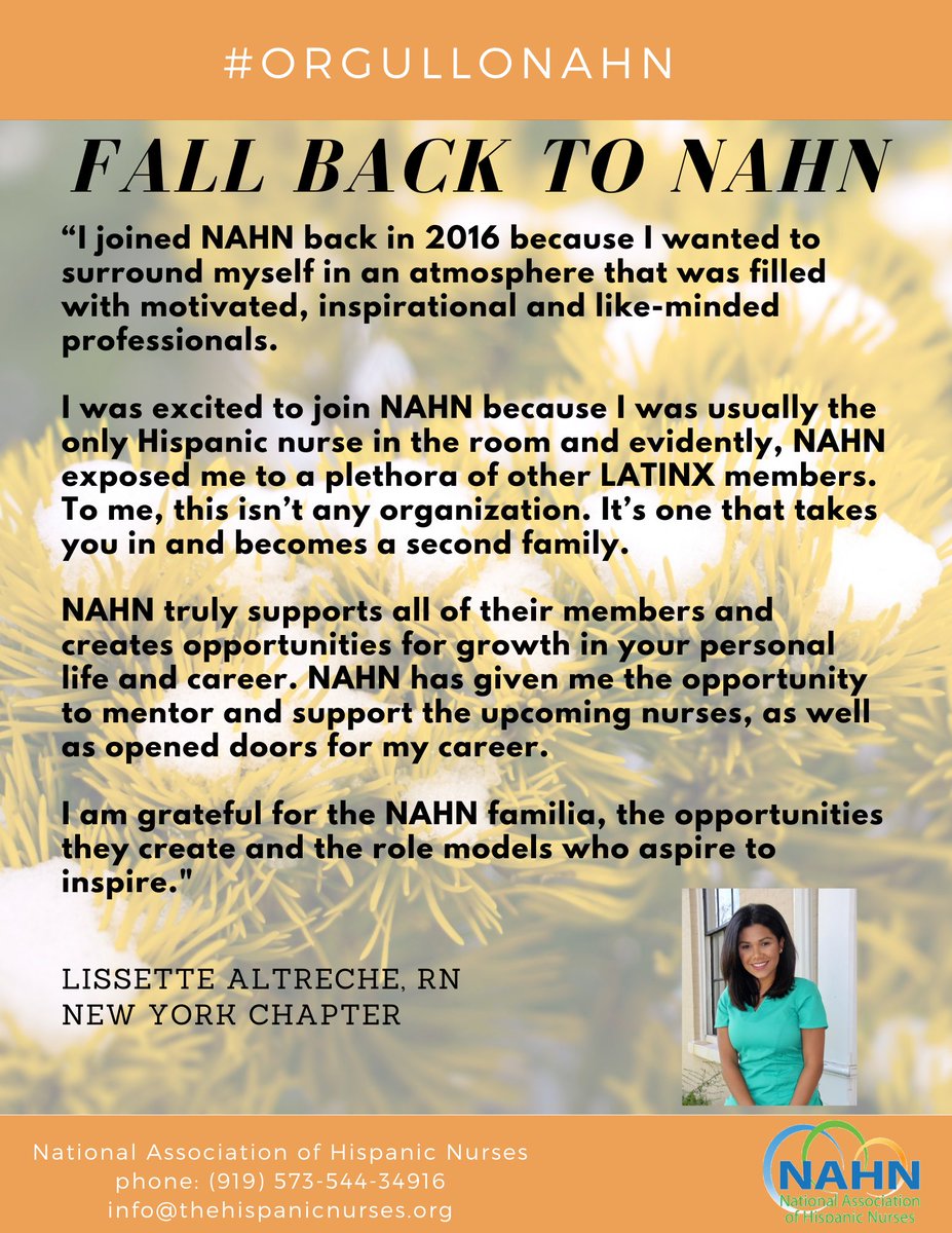 nahnnursing's tweet photo. Lissette Altreche, RN, a member of the New York Chapter, joined NAHN to surround herself with motivated, inspirational, and like-minded professionals.
Visit https://t.co/srfaAPRqNd to read testimonials from our members!
#NAHN #membershipcommittee #orgullonahn https://t.co/7SKauUL94a