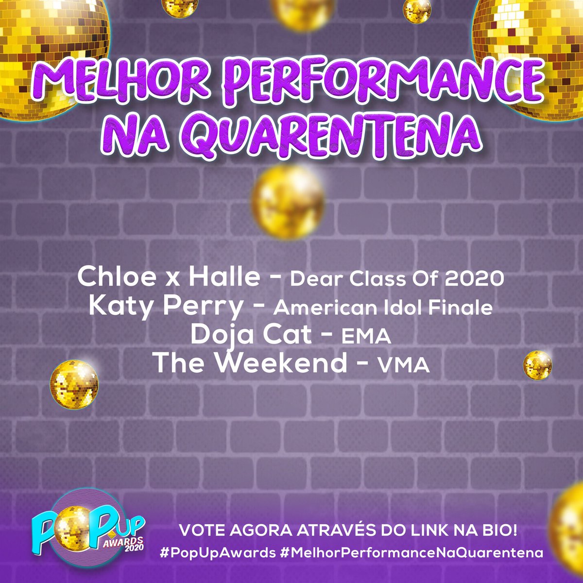 popupawards's tweet photo. Esses são os indicados à categoria MELHOR PERFORMANCE NA QUARENTENA! Acesse o link na bio e vote QUANTAS VEZES VOCÊ PUDER! Foi dada a largada!🔥#PopUpAwards #ChloeXHalle #KatyPerry #DojaCat #TheWeeknd https://t.co/o0Ox7g33mD