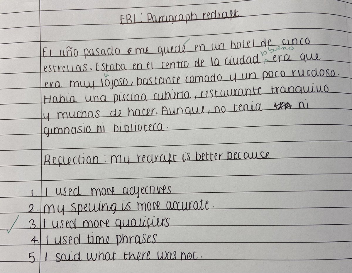 TeacheryDiaz's tweet photo. Feedback idea number 2: redraft and then write 5 reasons why your redraft is better #mfltwitterati #the20keys https://t.co/stUbl3oNH0