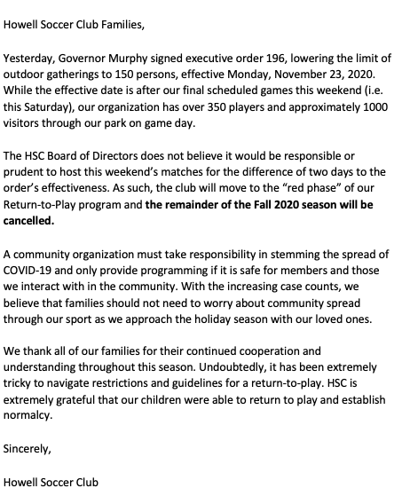 Howell_Soccer's tweet photo. Howell Soccer Club has cancelled the final week of play >> Read more: https://t.co/rj4WqWqFrO https://t.co/mykZVXY17I
