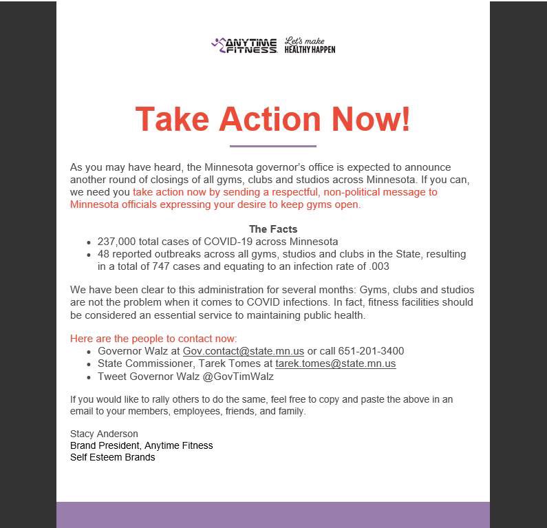 ⁦<a href="/GovTimWalz/">Governor Tim Walz</a>⁩ ⁦<a href="/Tim_Walz/">Tim Walz</a>⁩ We ⁦<a href="/AnytimeFitness/">Anytime Fitness</a>⁩ and our industry have worked hard for the safety of our members. We collaborated with your team as you ignore the data. DON’T penalize people who choose their health first.