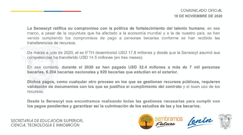 EduSuperiorEc's tweet photo. #ComunicadoOficial | La Secretaría de Educación Superior, Ciencia, Tecnología e Innovación, consciente de su compromiso con los becarios del país, informa a la ciudadanía sobre los desembolsos realizados por concepto de becas. https://t.co/TbXfnUEVoh
