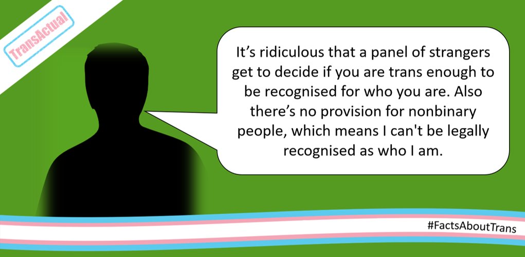TransActualUK's tweet photo. “It’s ridiculous that a panel of strangers get to decide if you are trans enough to be recognised.... Also there’s no provision for nonbinary people, which means I can't be legally recognised as who I am.”
#ProblemsWithTheGRA
Make sure you've responded to the GRA inquiry. https://t.co/OIlFIYwp5i