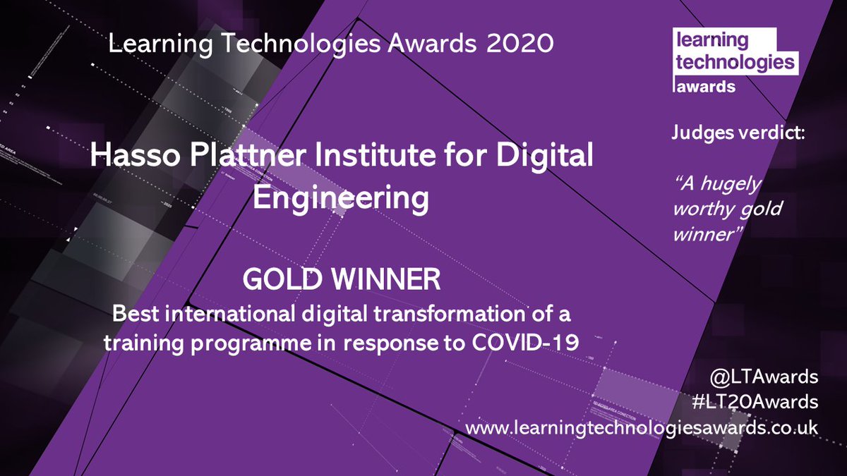 LTAwards's tweet photo. #LT20Awards  ** Best international digital transformation of a training programme in response to COVID-19**
GOLD: Hasso Plattner Institute for Digital Engineering https://t.co/LpQx1TI5UK