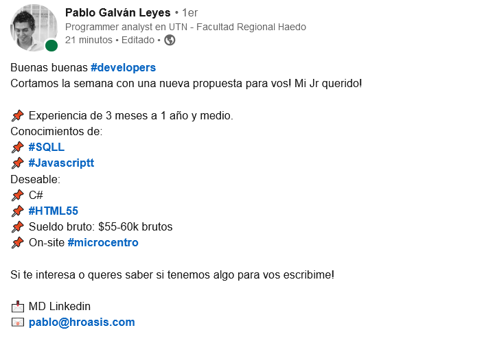ValtoryDev's tweet photo. Atención #CABA - Buscan un Jr :) 
No es mia la publicación, me postule pero como vivo en Córdoba no pude aplicar, Asi que lo subo acá para que den RT y ayuden a que más y más baby devs consigamos trabajo :) ♥ https://t.co/V6JARhU1el