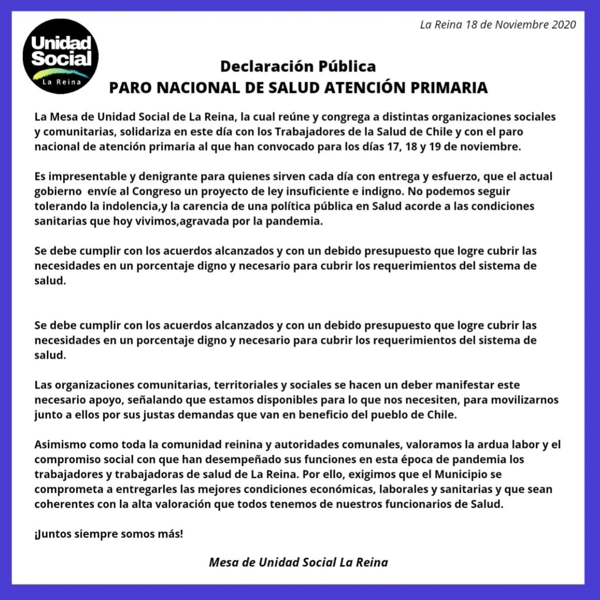 Nuestro absoluto apoyo al paro de la Salud de atención primaria y a lxs trabajadorxs.
.
.
#parosalud 
#noviembre 
#trabajadoresdelasalud 
#apoyo #saludpublica