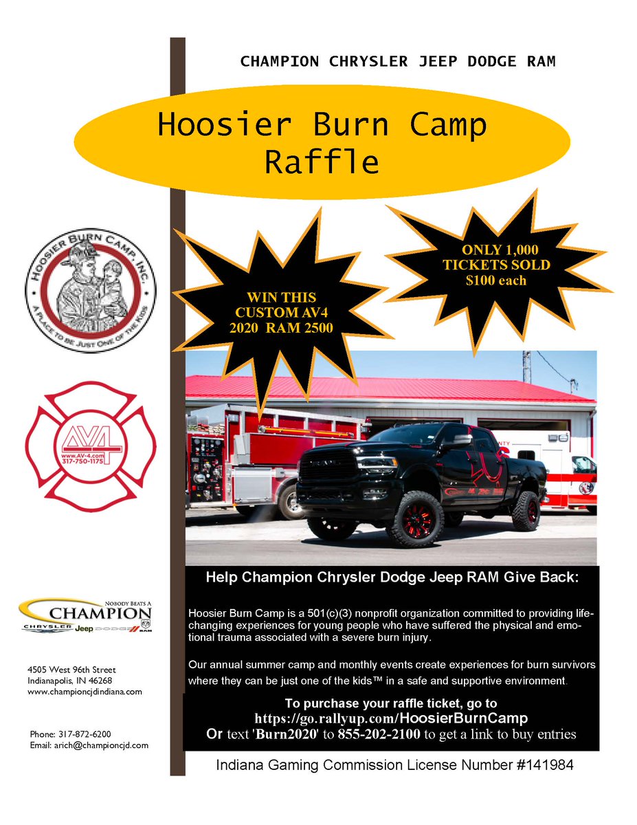 Win this Lifted Ram 2500 Truck. Buy your raffle ticket here to benefit The Hoosier Burn Camp. go.rallyup.com/HoosierBurnCamp
