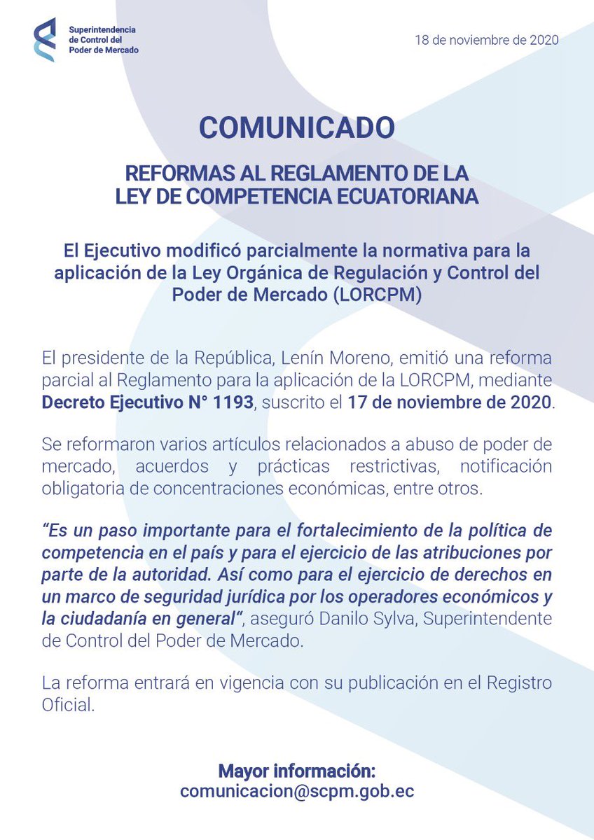 Competencia_Ec's tweet photo. [COMUNICADO] El Ejecutivo modificó parcialmente la normativa para la aplicación de la Ley Orgánica de Regulación y Control del Poder de Mercado. 

Más información 🔗https://t.co/gyN8XKGIAb
#Competencia #Ecuador https://t.co/kaVOgjhNNW