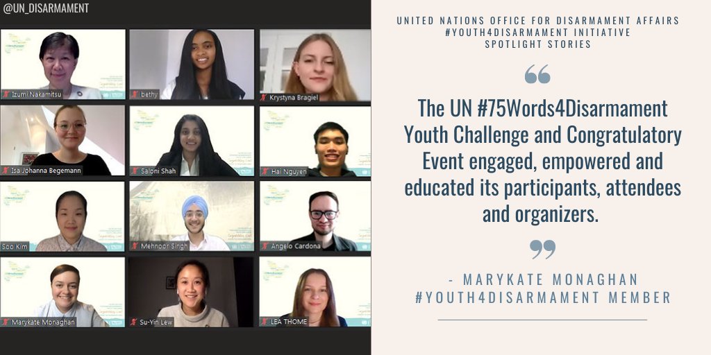 UN_Disarmament's tweet image. In the latest #Youth4Disarmament Spotlight Story, Marykate Monaghan reflects on the #engaging and #empowering experience she had while assisting with the @UN #75Words4Disarmament Youth Contest and Congratulatory Event last month. Read 👉bit.ly/36OdG9J