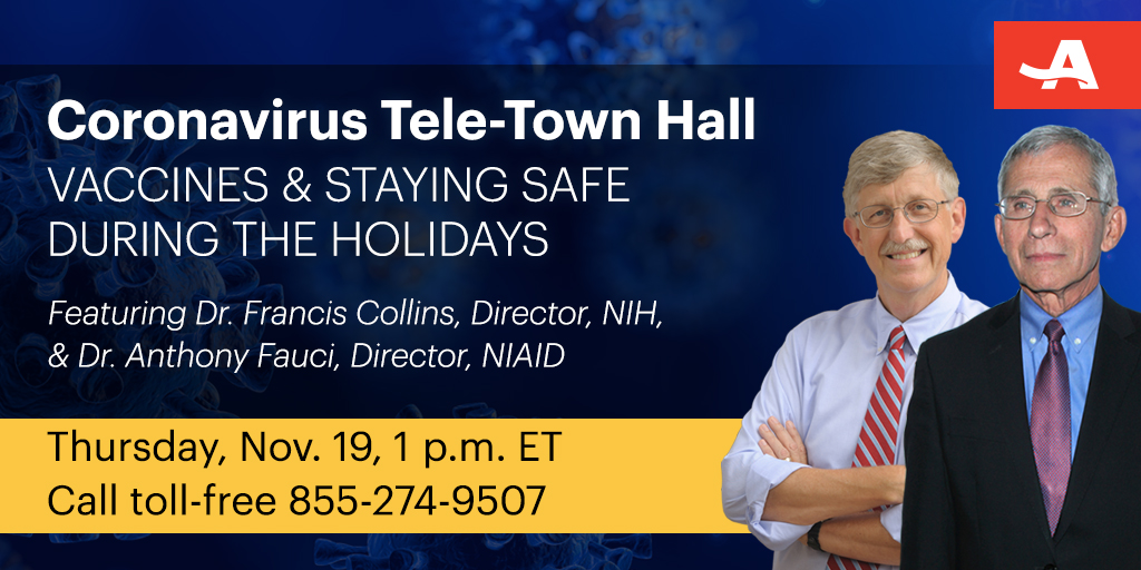 JoAnn_Jenkins's tweet photo. Join @AARP and expert guests Dr. Anthony Fauci and Dr. Francis Collins for a special #coronavirus live Q&amp;A event on Thursday at 1 p.m. ET., to get the latest on vaccine development and how to stay safe this holiday season. Learn more: https://t.co/nV7l9Idpu0 https://t.co/LiquBCejlB