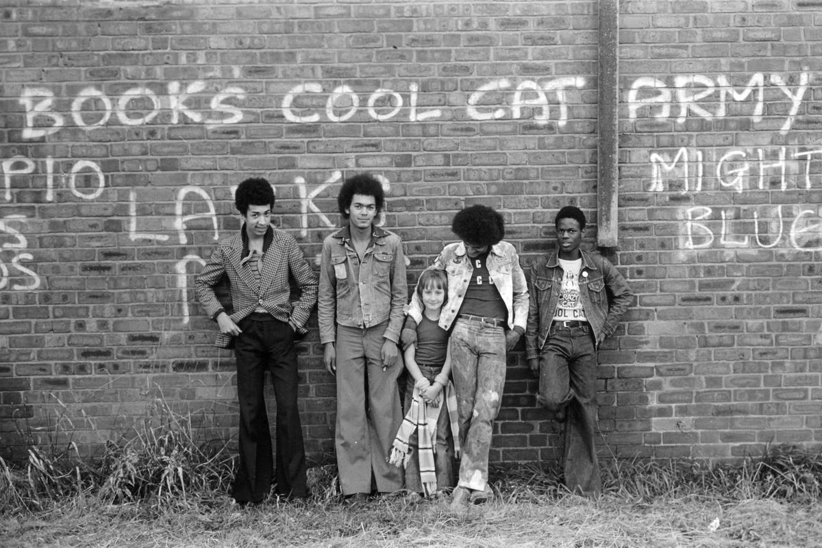 No one is born racist .Tony Book& #39;s Cool Cat Army, Manchester 1977.Photo Iain SP Reid