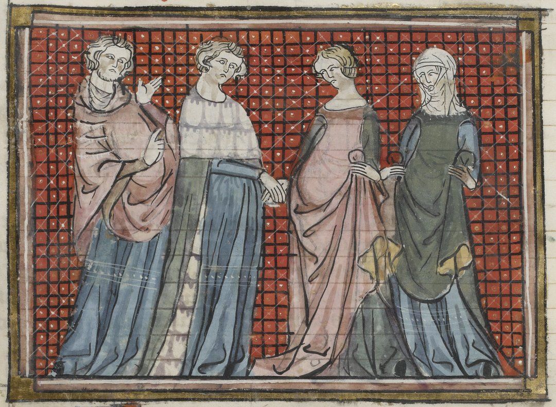 Here's some late 13th century clothing, women wearing kirtles (fitted under dresses) with sideless surcoats.