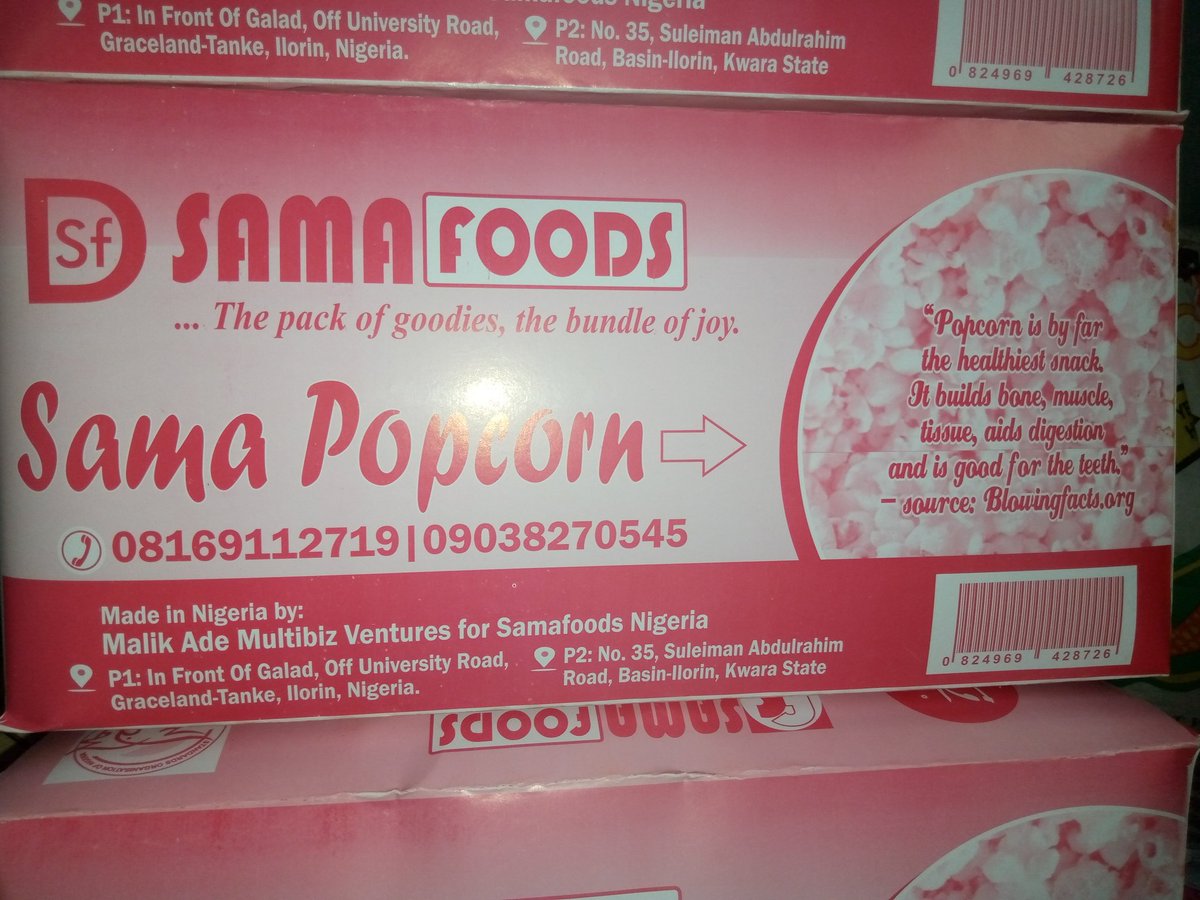 samafoodsng's tweet photo. @Alaaya_Aishat @Abhayormy Made in Kwara, Nigeria🇳🇬
#samadey4u #samapopcorn @Samafoodsng https://t.co/RsLuRwv3gw