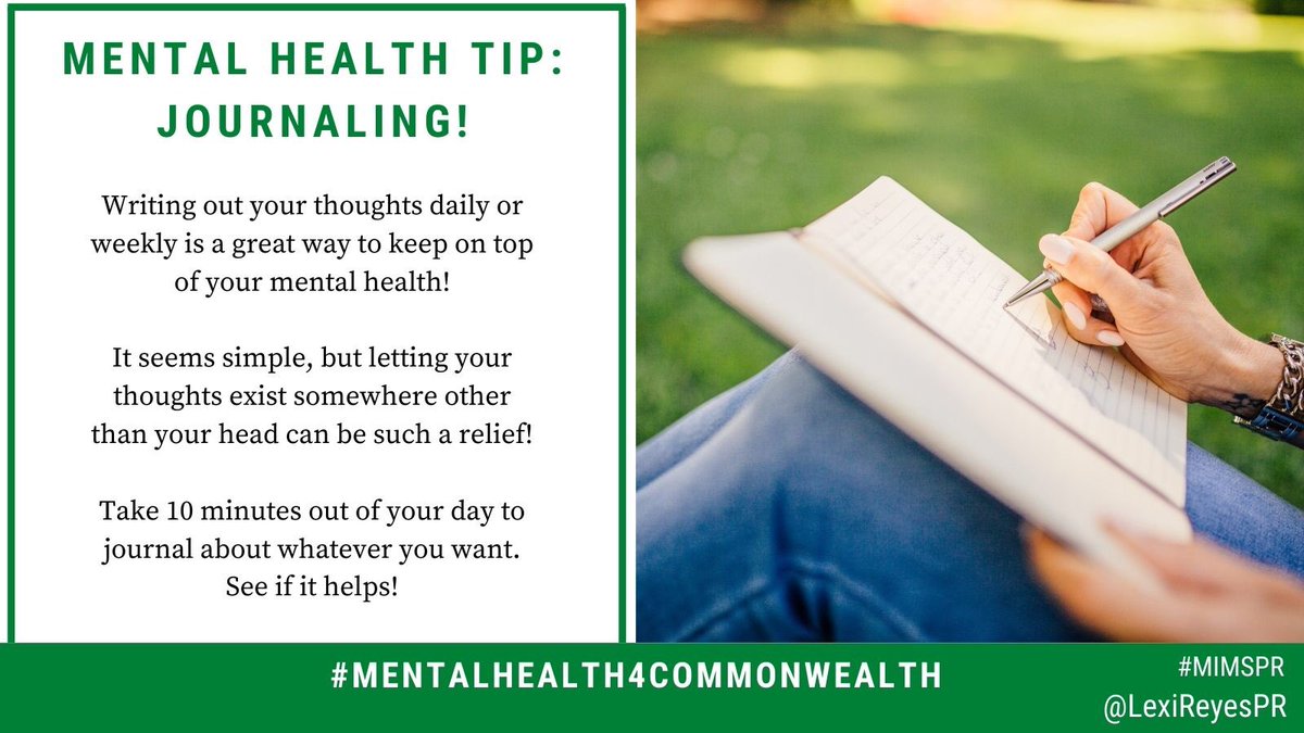 LexiNReyes's tweet photo. Today’s #MentalHealth4Commonwealth tip: try journaling! Writing your thoughts out can really help you find new perspective and clear your mind ✨ I recommend giving it a try! ⁦@mparevalo89PR⁩, what’s your tip of the day? #MimsPR https://t.co/HItnk4xlNq