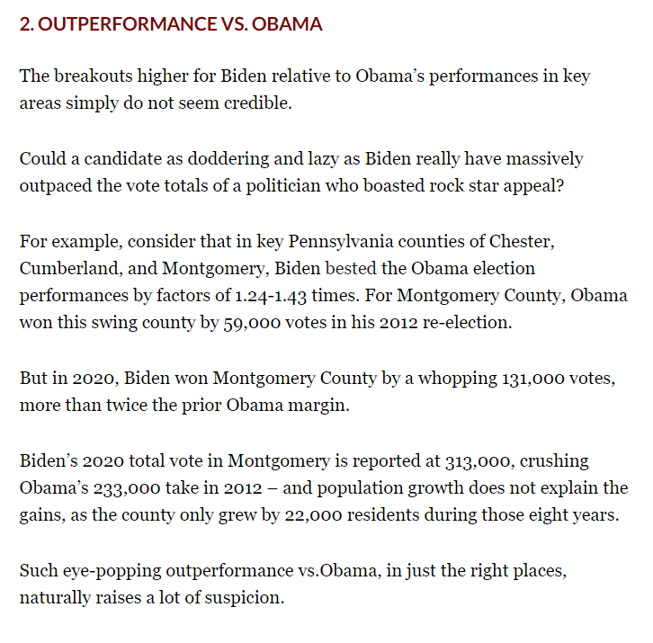 10/ OUTPERFORMANCE VS. OBAMABiden’s 2020 total vote in Montgomery is reported at 313,000, crushing Obama’s 233,000 take in 2012 – and population growth does not explain the gains, as the county only grew by 22,000 residents during those eight years.
