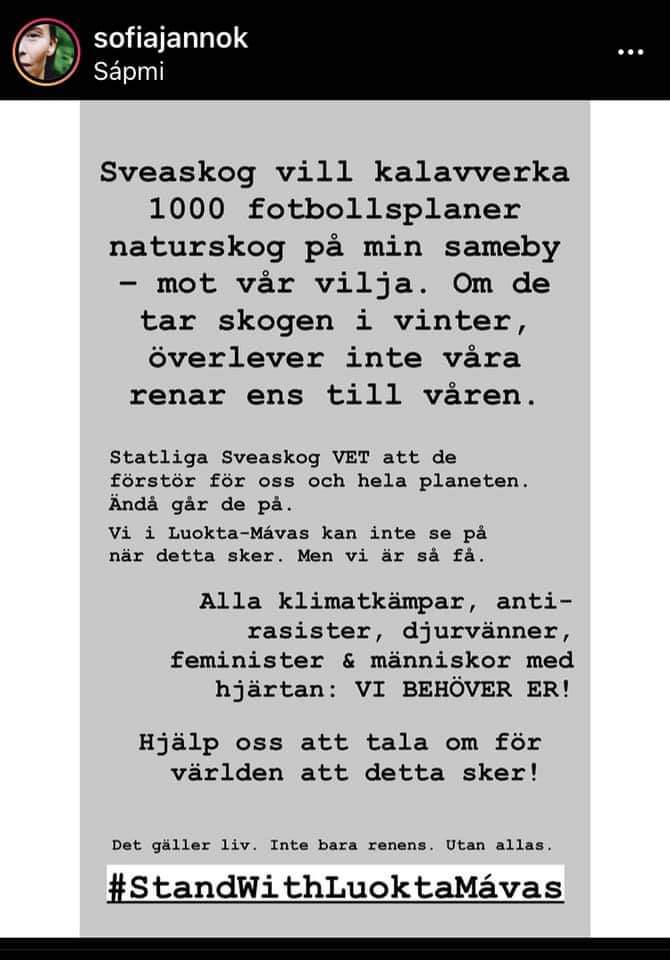 altosensibile's tweet photo. Det här är från Sofia Jannoks Instagram. Sveaskog planerar för avverkning i rennäringsområde igen..😢
#StandWithLuoktaMavas #sofiajannok https://t.co/5zoh3sSMRa
