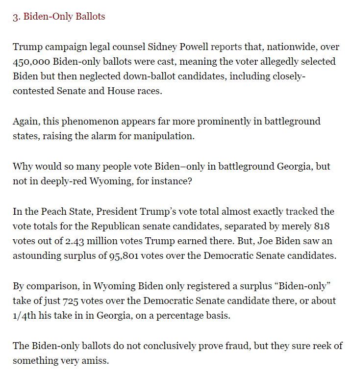 11/ BIDEN-ONLY BALLOTS In Georgia, President Trump’s vote total almost exactly tracked the vote totals for the Republican senate candidates, separated by merely 818 votes out of 2.43 million votes Trump earned there. But, Joe Biden saw an astounding surplus of 95,801 votes.