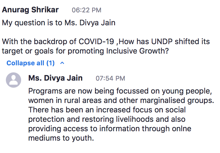 OrionYouth's tweet photo. Question asked to Divya Jain of @UNDP_India at the @UNV_India #YIOS2020. https://t.co/DrcEAI6kmx