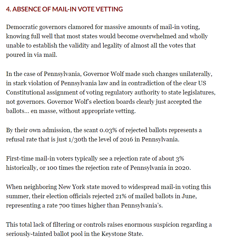 12/ ABSENCE OF MAIL-IN VOTE VETTINGBy their own admission, the scant 0.03% of rejected ballots represents a refusal rate that is just 1/30th the level of 2016 in Pennsylvania.First-time mail-in voters typically see a rejection rate of about 3% historically.