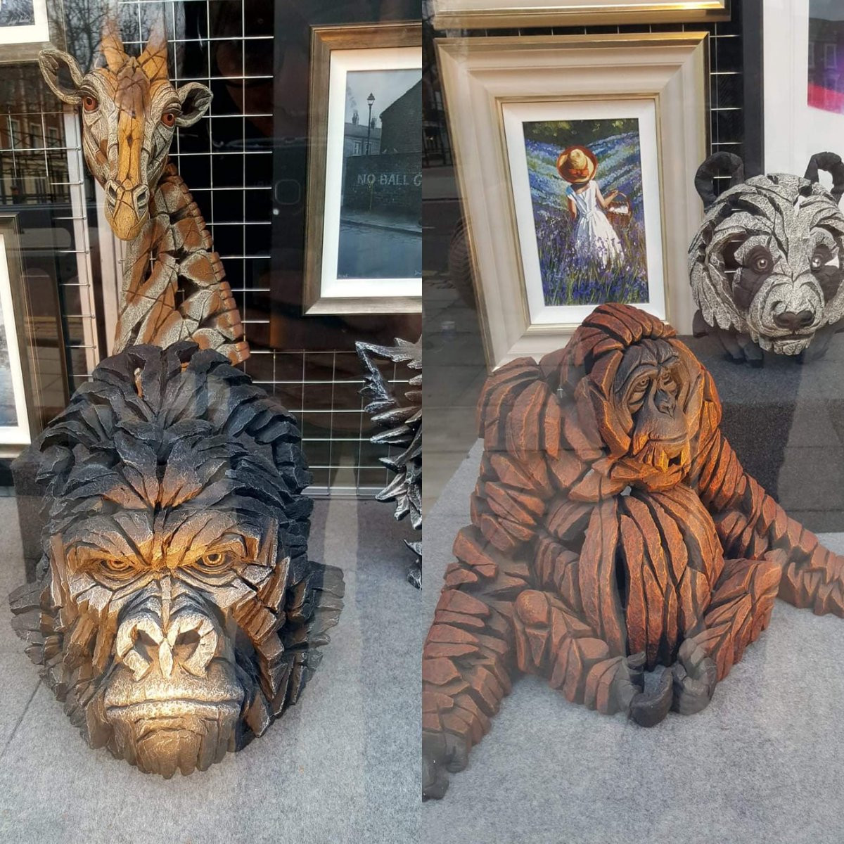 New additions of Edge sculptures in the window today - meet Ollie the Orangutan and Gilbert the Gorilla!  Made with crushed marble &amp; resin, then hand-painted, these make a great statement piece in any home.  To see more Edge sculptures, click this link: limited2art.com/product-catego…