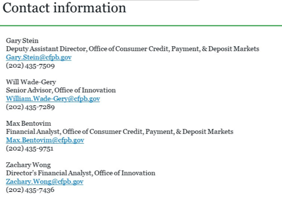 57/ Gary Stein welcomes folks to contact the CFPB. Here's their info for folks who want to check in with them on this topic.