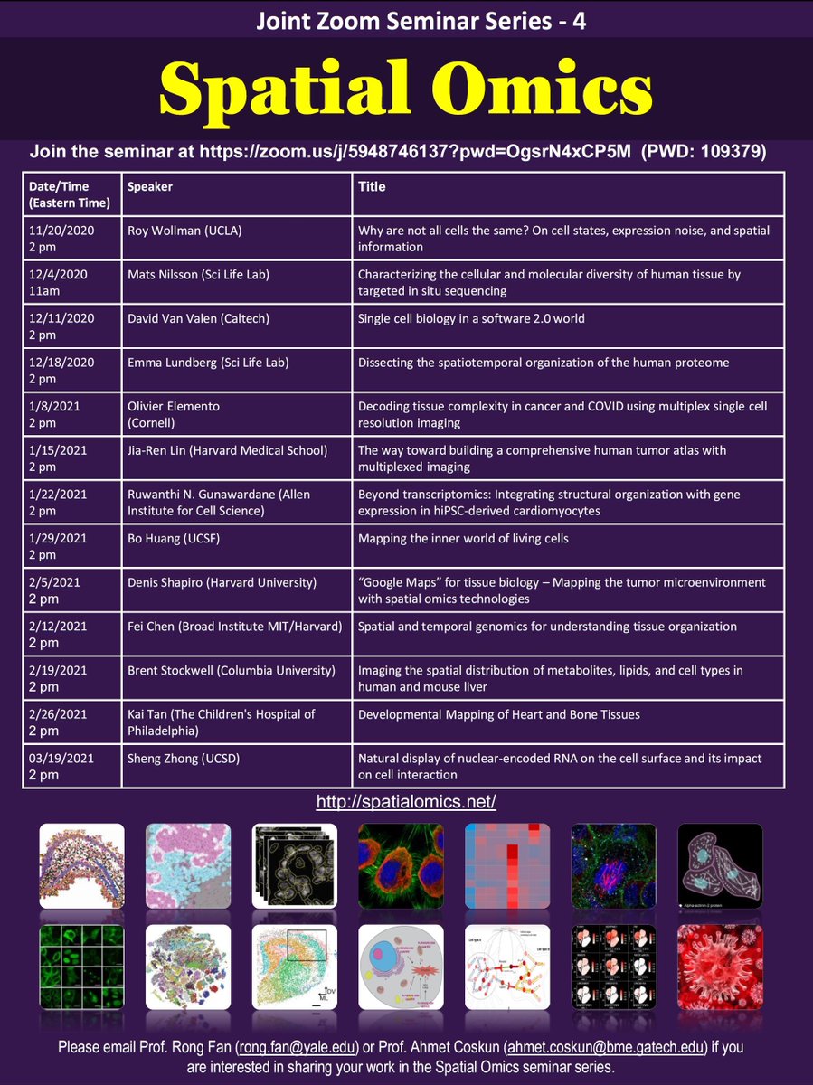 Rong Fan (@rongfan8) on Twitter photo Spatial Omics fans, please check out the full schedule of seminar series 4 with an impressive lineup of speakers in this field. Co-organized with <a href="/ahmetfcoskun/">Ahmet F. Coskun</a> . Join the seminar at zoom.us/j/5948746137?p… (PWD: 109379)
#spatialomics #spatialbiology #genomics #transcriptomcis Spatial Omics fans, please check out the full schedule of seminar series 4 with an impressive lineup of speakers in this field. Co-organized with <a href="/ahmetfcoskun/">Ahmet F. Coskun</a> . Join the seminar at zoom.us/j/5948746137?p… (PWD: 109379)
#spatialomics #spatialbiology #genomics #transcriptomcis