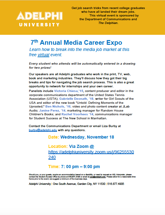AUCommDept's tweet photo. REMINDER:  Our 7th Annual Media Career Expo is TONIGHT from 7-9!  Don't miss this opportunity to network with Adelphi alum working in the field!  The zoom link is: https://t.co/FvxgmUzgfB https://t.co/BrsPMoOZg5