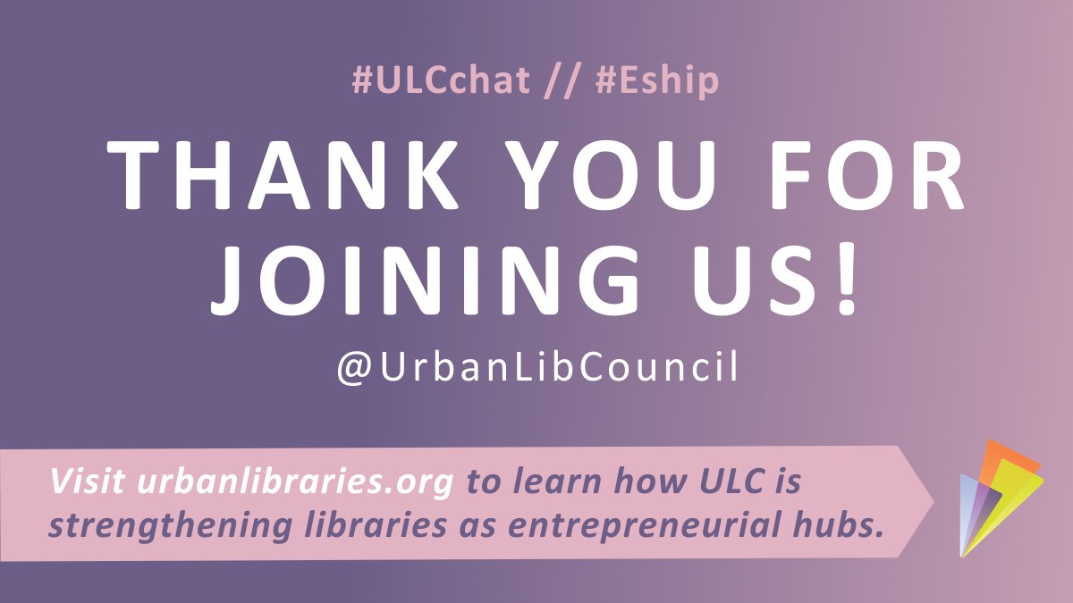 UrbanLibCouncil's tweet photo. 🙏  Thanks for joining us today. We will be sharing highlights from this #ULCchat in an upcoming blog post!

Check out our new Entrepreneurship toolkit to learn ways you can level-up your library’s role as an entrepreneurial hub. 🔗  https://t.co/yqKUvmrBco #ESHIP #GEW2020 https://t.co/5ShhKlJoLn