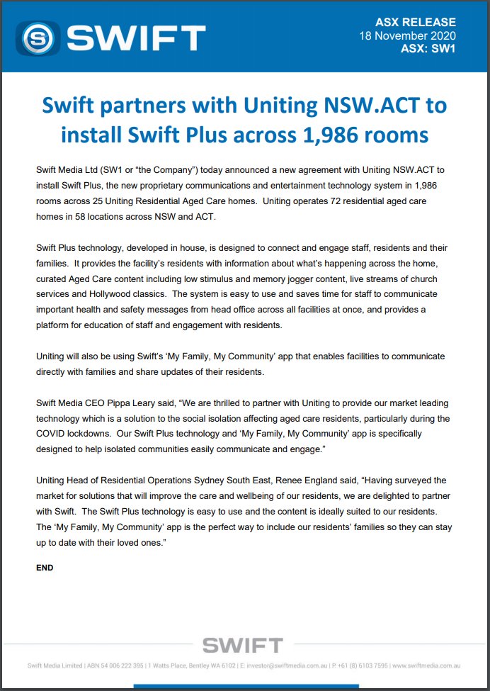 TimDohrmann's tweet photo. $SW1 @SwiftMedia10 gains strong endorsement of its new #agedcare entertainment system with a fresh contract to provide #SwiftPlus to 25 @UnitingCare_Aus homes. #SwiftMedia will help residents of 1,986 rooms communicate & engage more easily than ever.
π: https://t.co/gs7Ko7LJdo https://t.co/3QNRhqM7H1