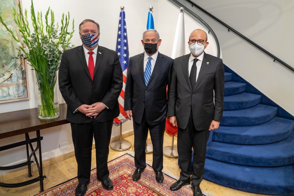 SecPompeo's tweet photo. Honored to meet with @Netanyahu and Dr. Al Zayani in Jerusalem. The historic Abraham Accords have put the region on a transformative path toward stability, security, and opportunity. https://t.co/EgCjiqp5Yu