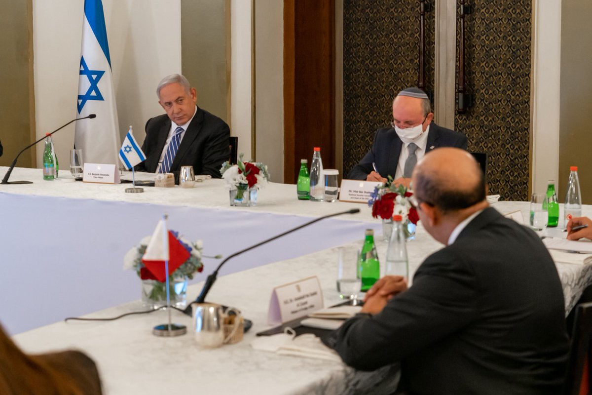 SecPompeo's tweet photo. Honored to meet with @Netanyahu and Dr. Al Zayani in Jerusalem. The historic Abraham Accords have put the region on a transformative path toward stability, security, and opportunity. https://t.co/EgCjiqp5Yu