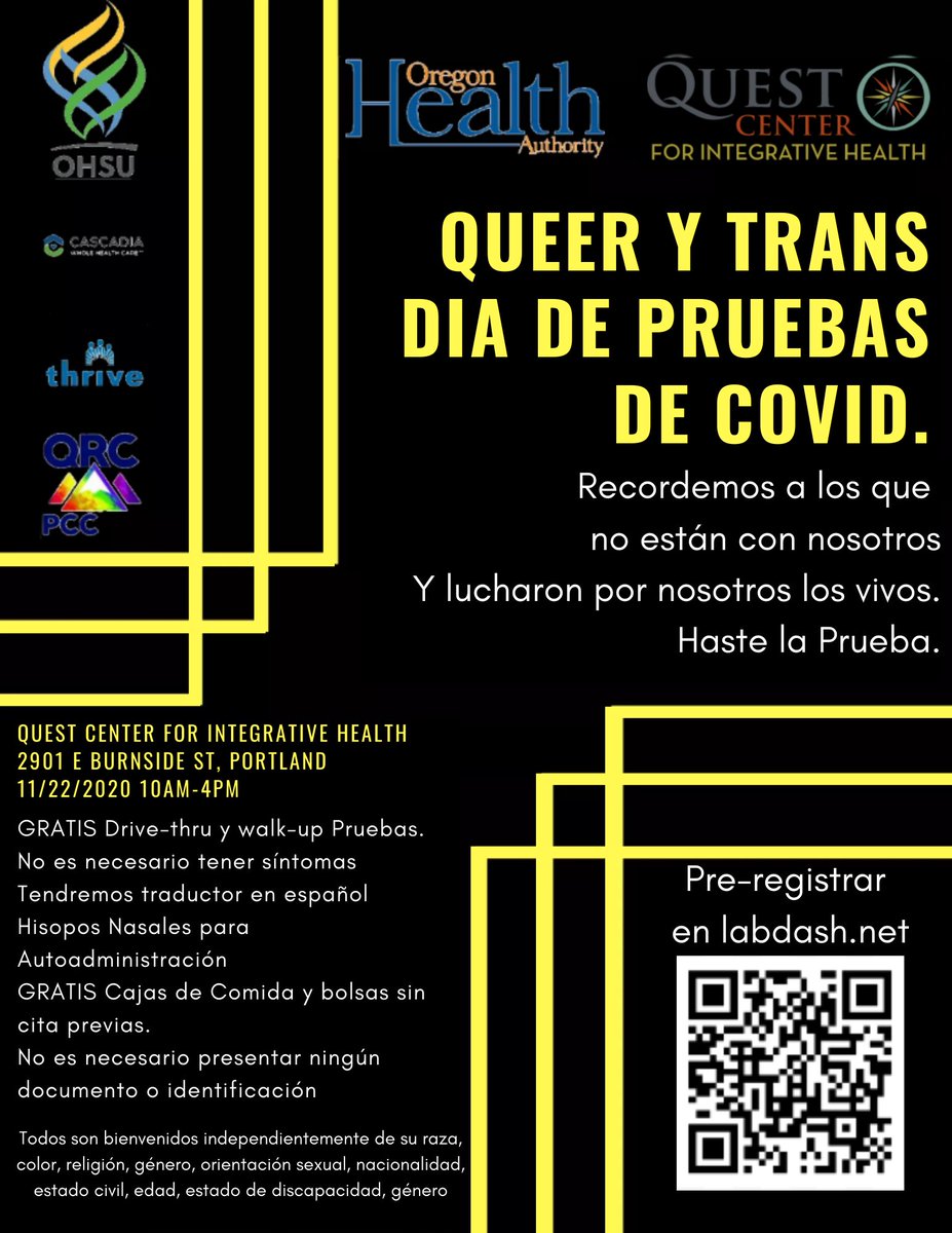 PDXEWOKS's tweet image. Queer &amp;amp; Trans Day of COVID Testing
Remember the dead. Fight like hell for the living. Get tested.
Quest Center for Integrative Health
2901 E Burnside St, Portland
11/22/2020 10am-4pm