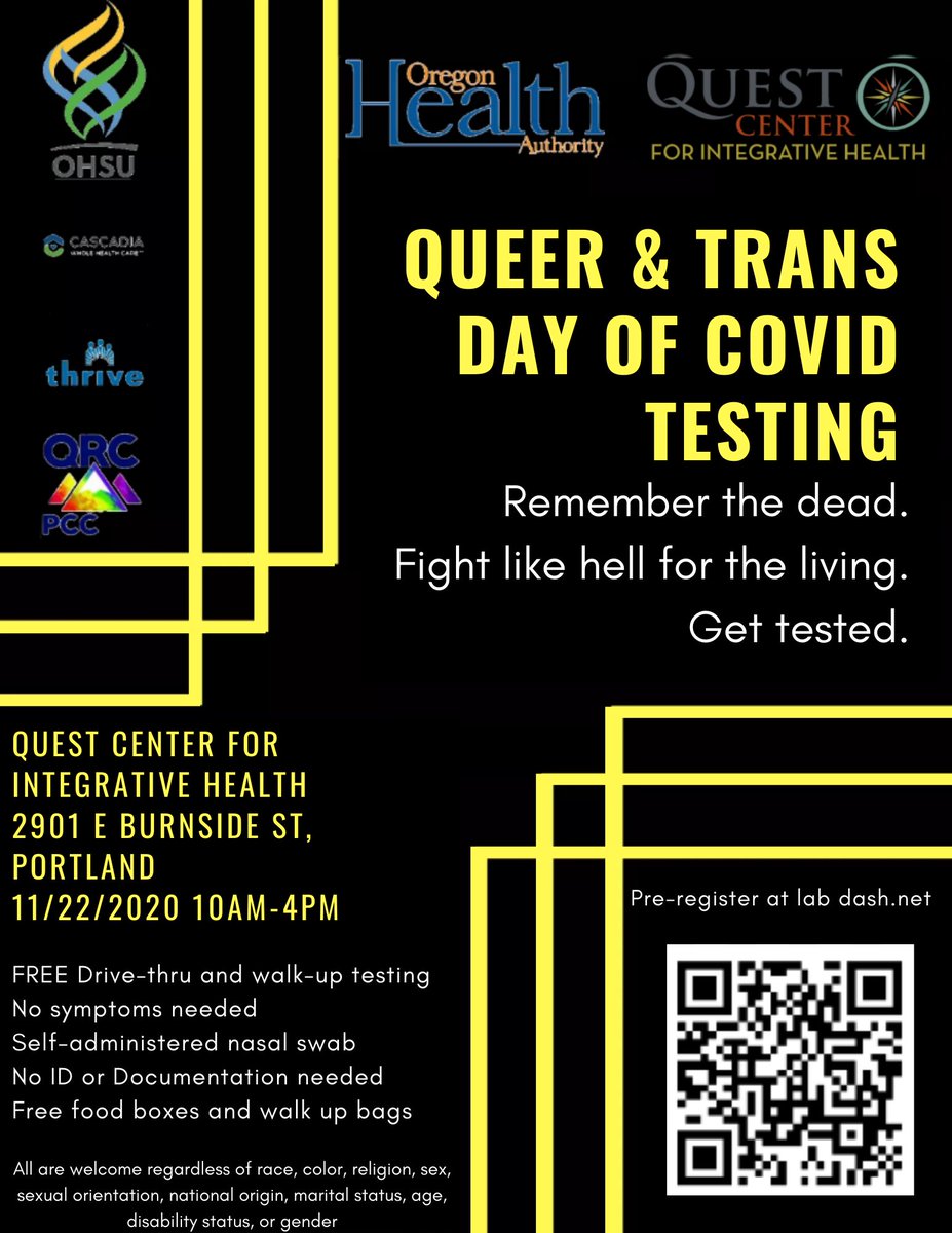 PDXEWOKS's tweet image. Queer &amp;amp; Trans Day of COVID Testing
Remember the dead. Fight like hell for the living. Get tested.
Quest Center for Integrative Health
2901 E Burnside St, Portland
11/22/2020 10am-4pm