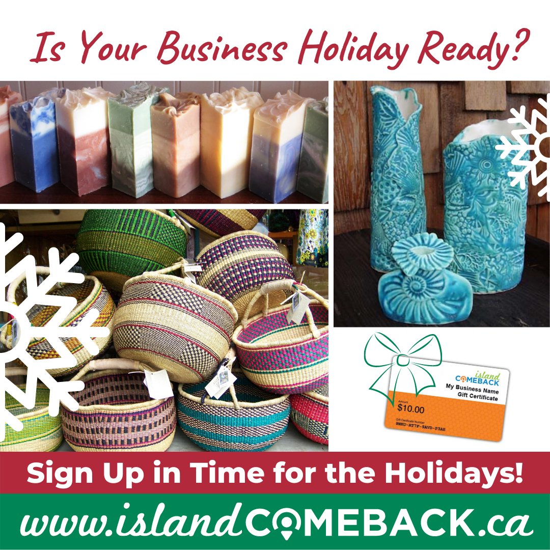 Island_COMEBACK's tweet photo. Is your business holiday ready? If you are a small business or non-profit on the rural islands or North Vancouver Island, we are here for you!
Sell gift certificates or accept donations online ~ for FREE!
@Island_COMEBACK @ruralislandsbc @BCFerries @ShawInfo
#IslandCOMEBACK https://t.co/tECbpQ3TGn