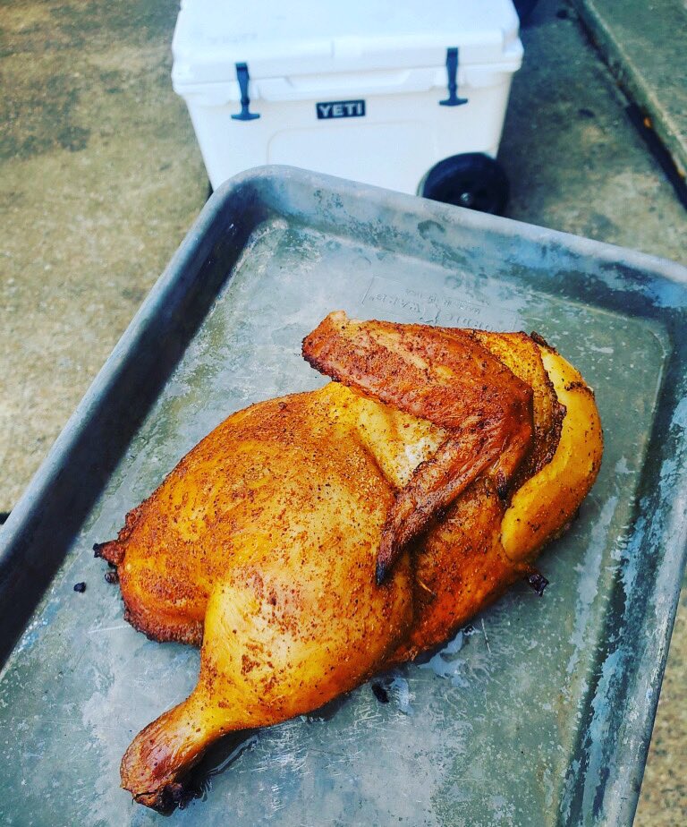Grabthebrisket's tweet photo. Purdy Birdie! Who else prefers split chicken? Seasoned with @FiestaSpices Chicken Rub and cooked over @jdcharcoal.  
#grabeminthebrisket #jdrockstar #jealousdevilcharcoal #fiestaspices #tasty #chicken #halfchicken https://t.co/N97IPNeL8k