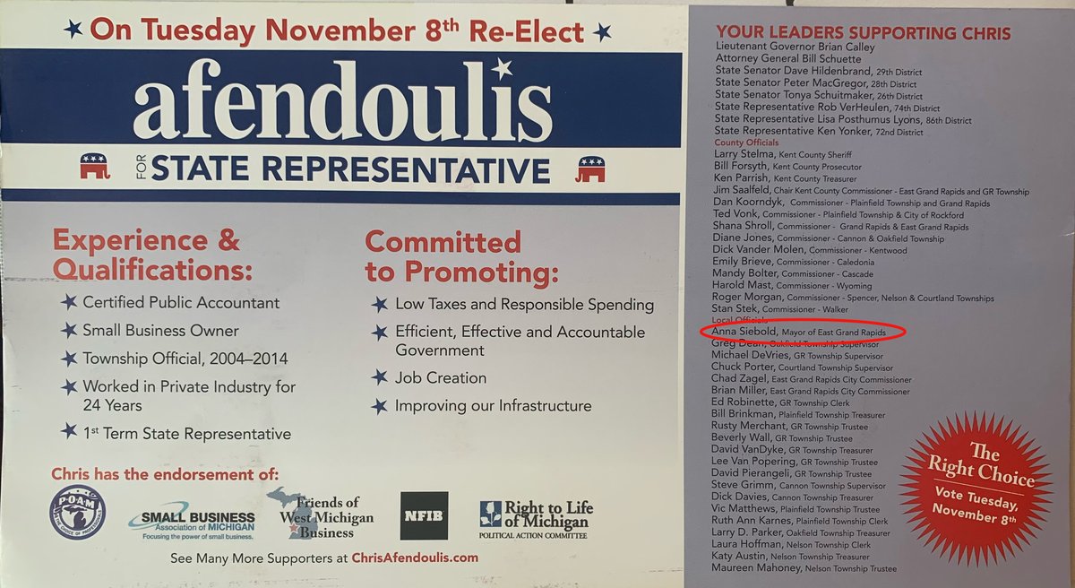 Exhibit C. While a “nonpartisan” mayor, Seibold used her title to endorse Republicans exclusively, incl. John Inhulsen for State Rep (2020), Chris Afendoulis for State Senate (2018) & State Rep (2016), Cris Birdsong (2020), Laurel Abraham (2018), Shana Shroll (2016), & others. 6