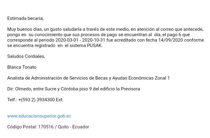 BecariosO's tweet photo. 2/2 Para poder ser cancelados el nuevo periodo. En corres electrónico indicaron que en noviembre se cancelaba pero hace un día esta es su respuesta 👇
Esperamos su pronunciamiento
@Lenin
@EduSuperiorEc @agustinalbanm @FinanzasEc @MauricioPozoEC 
@teleamazonasec @ecuavisa https://t.co/hAmI4PVy2I