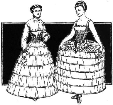 In form and function these hoop skirts were similar to the 16th- and 17th-century farthingale and to 18th-century panniers, in that they too enabled skirts to spread even wider and more fully.