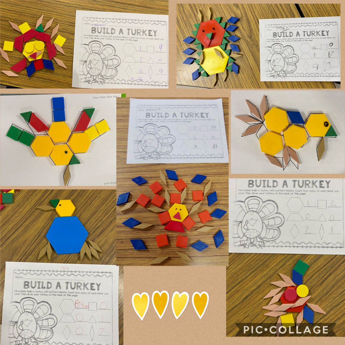 Teacherluvscats's tweet photo. We built our own turkeys today with pattern blocks! 🦃 #buildaturkey #funatschool # https://t.co/cYQUUUFtdQ