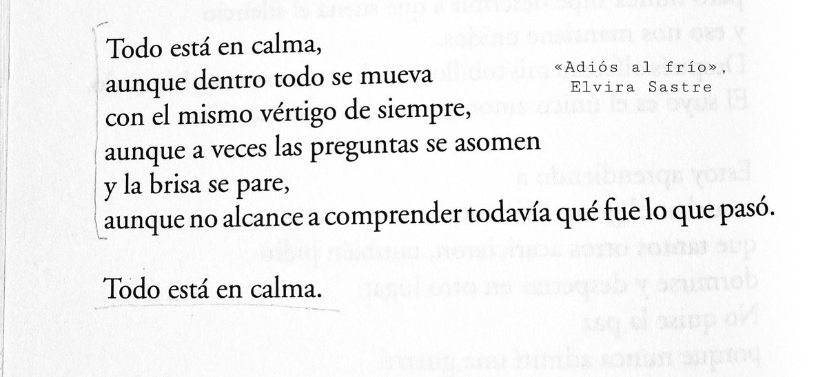 elvirasastre's tweet photo. Este fragmento de «Adiós al frío» resume un poco todo lo que he estado buscando estos últimos años. Esa calma, aunque por dentro todo esté en movimiento. La calma.
#adiósalfrío https://t.co/hQsKKneBos