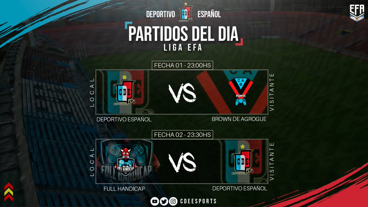 🇪🇸 ¡HOY JUEGA ESPAÑOL! 🇪🇸

⚽️ #EFA 

📌 Esta noche el Gallego hace su debut en la B Nacional de <a href="/EFAargentina/">EFA Argentina (desde 🏡)</a>.

⏰ 23:00 vs. @CABrowneSports
⏰ 23:30 vs. <a href="/HandicapFull/">Full handicap👹🍻</a>

🖥️ Seguinos en vivo desde las 23hs.   youtube.com/channel/UCe8fE…

#VamosGallegos 🇪🇸🎮