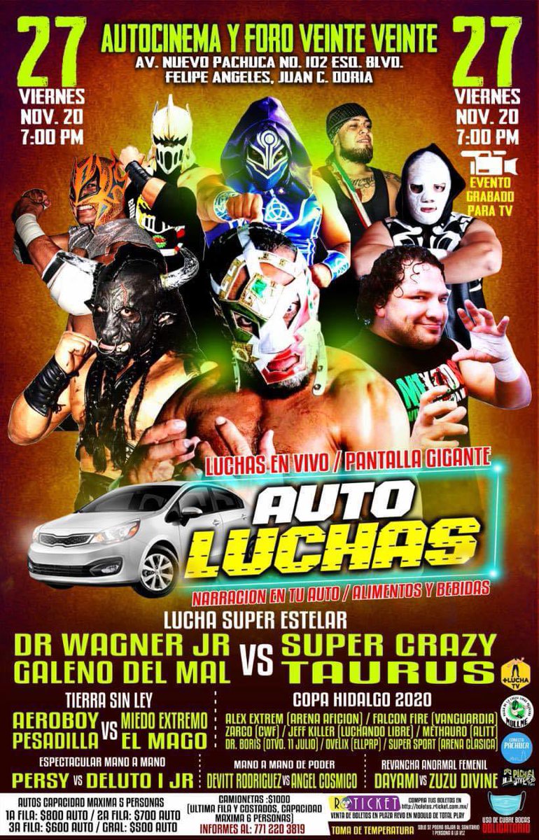mas_lucha's tweet photo. ¡Auto Luchas en Pachuca con @LEGENDLUCHA! 🚘

Lucha súper estelar: Dr Wagner Jr y Galeno del Mal vs Súper Crazy y Taurus 

🗓 27 de noviembre | ⏰ 7:00 PM | 📍Autocinema y Foro Veinte Veinte https://t.co/u6qnDYN6Md